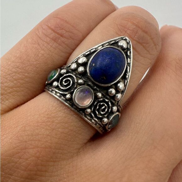 Vintage Sterling Silver 925 Moonstone & Lapis Unusual Intricate Ring Size 5.5 - Picture 1 of 14